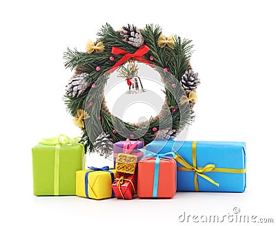Christmas wreath with gifts. Stock Photo