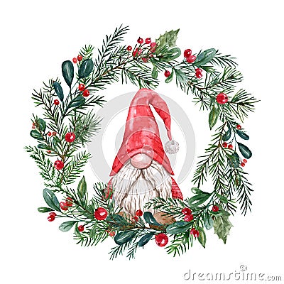 Christmas wreath and gnome illustration. Winter frame Cartoon Illustration