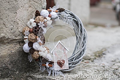 Eco christmas wreath, on gray stone background. Stock Photo