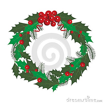 A Christmas wreath with green leaves and red viburnum berries on a white background. Vector illustration. Vector Illustration