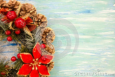 Christmas wreath Greeting Card. Vintage Style. Hanging decoration turquoise shabby table wooden background. Top view, flat lay wit Stock Photo