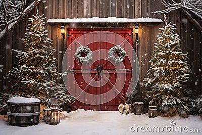 Christmas wreath hanging on a barn door in a rural winter setting. Stock Photo