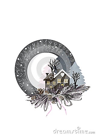 illustration of christmas wreath with houses Stock Photo