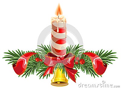 Christmas wreath made of fir branches with bell and Candle Vector Illustration