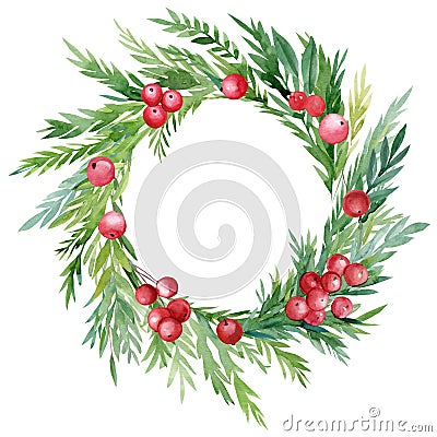 Christmas wreath made of leaves, red berries, holly on an isolated white background, watercolor drawing Cartoon Illustration