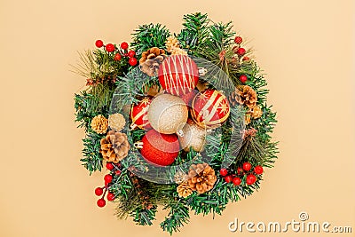 Christmas Wreath Made of Naturalistic Looking Pine Branches Decorated Stock Photo