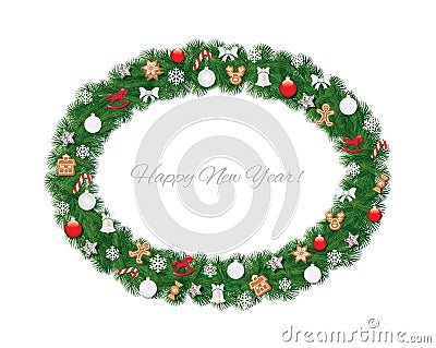 Christmas wreath oval frame decorated with gingerbread cookies, balls and snowflakes. Vector Illustration