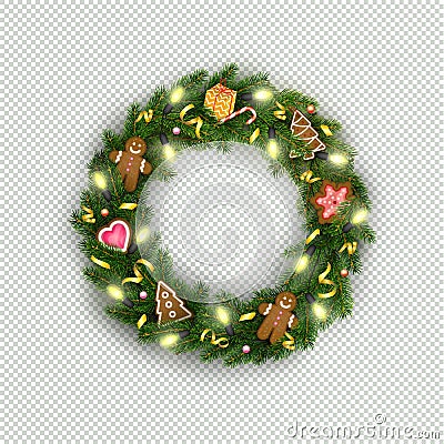 Christmas wreath of realistic Christmas tree branches, lightbulb, gifts, cookies, sweets Vector Illustration