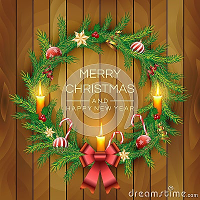 Christmas Wreath with red berries, candles, candy canes, bow, golden bell and balls on wooden board background. Vector Stock Photo