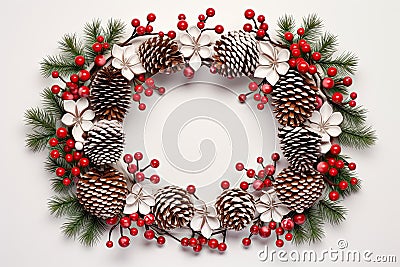 A Christmas wreath with red berries and pine cone, with a white background. Generative AI Stock Photo