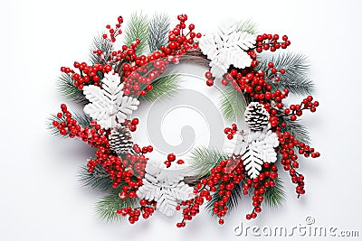 A Christmas wreath with red berries and pine cone, with a white background. Generative AI Stock Photo