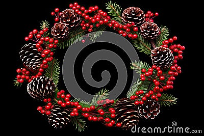 A Christmas wreath with red berries and pine cone, with a white background. Generative AI Stock Photo