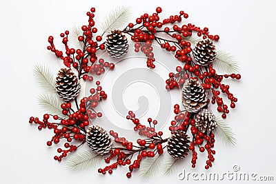 A Christmas wreath with red berries and pine cone, with a white background. Generative AI Stock Photo