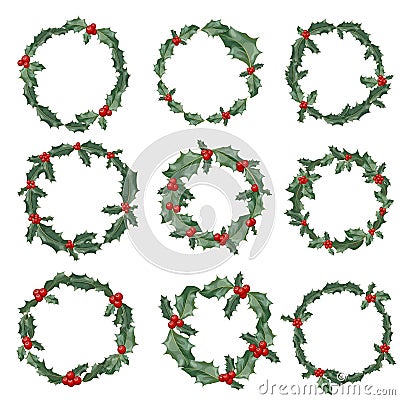 Christmas wreath with red berries. Set of New Year wreath. Holly berry Stock Photo