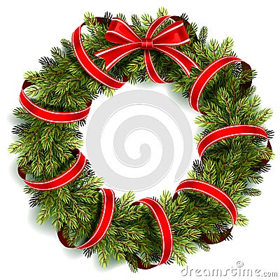 Christmas Wreath with Red Bow Vector Illustration