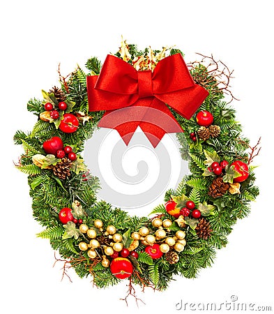 Christmas wreath with red ribbon bow and golden decorations Stock Photo