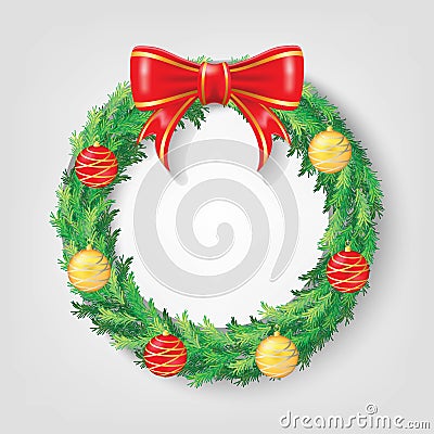 Christmas Wreath with Red Ribbon and Christmas balls Vectors design. Realistic Christmas ring illustration. Cartoon Illustration