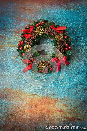 Christmas wreath on Retro Rusted background Stock Photo