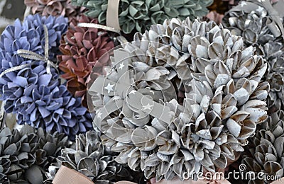 Christmas wreath of silver, red and blue cones. Stock Photo