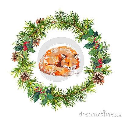 Christmas wreath, sleeping fox and snowflakes. New year watercolor - spruce tree branches, mistletoe, cones Stock Photo