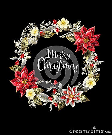 Christmas wreath with slogan, golden elements, branches and flowers. Vector illustration. Vector Illustration