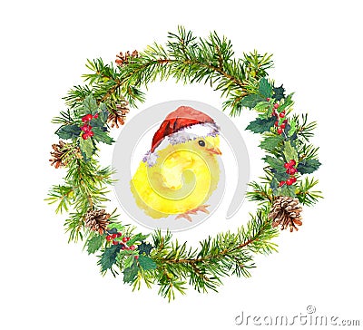 Christmas wreath, small in red santa`s hat. Watercolor bird Stock Photo