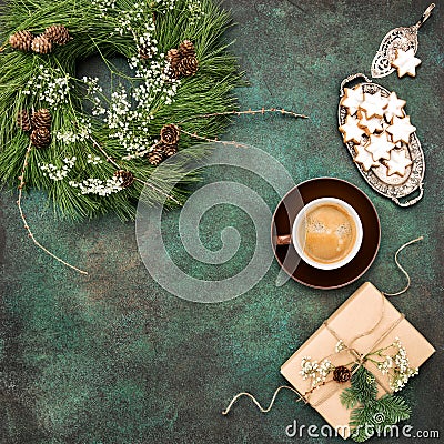 Christmas wreath star cookies coffeewrapped gift vintage Stock Photo