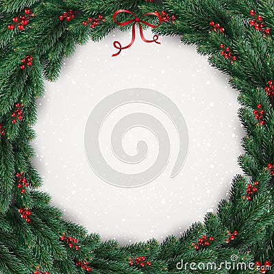 Christmas wreath of tree branches, berries on white background with lights, snowflakes. Stock Photo