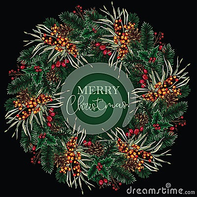 Christmas wreath of tree branches, cones, sea buckthorn and red berries with the inscription Merry Christmas Vector Illustration
