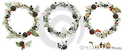 Christmas wreath watercolor illustrations set Cartoon Illustration