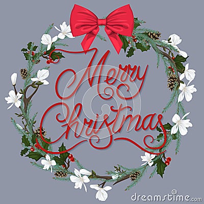 Christmas wreath with white flowers and a red bow Vector Illustration