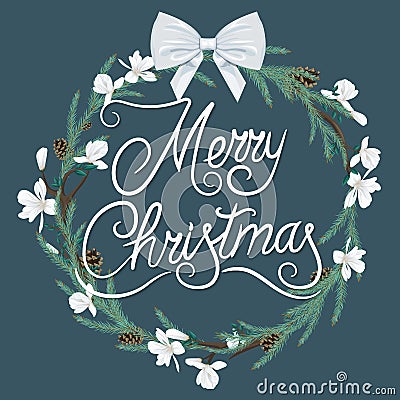 Christmas wreath with white flowers, spruce branches and a bow Vector Illustration