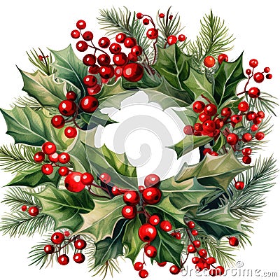 Christmas wreath from winter greenery decoration with holly, red berries, Illustration for design for New Year, Yule, Noel Stock Photo