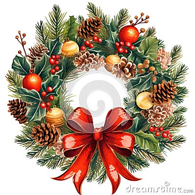Christmas wreath from winter greenery decoration with holly, red berries, Illustration for design for New Year, Yule, Noel Stock Photo