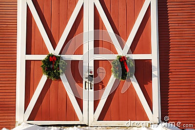 Christmas wreaths on a New England barn Editorial Stock Photo