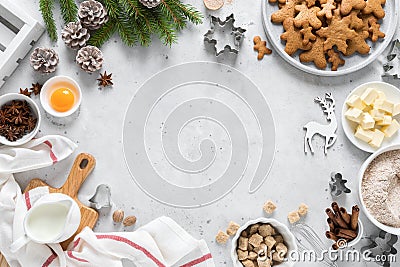 Christmas or X-mas baking culinary background, cooking recipe. Xmas, Noel gingerbread cookies on kitchen table and ingredients Stock Photo