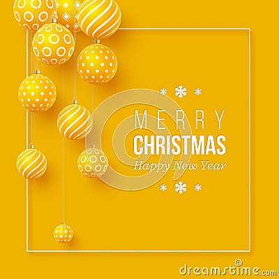 Christmas yellow baubles with geometric pattern. 3d realistic style with white frame, abstract holiday background Vector Illustration