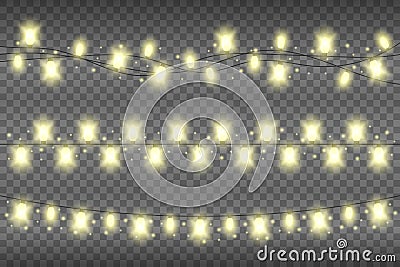 Christmas yellow realistic garland lights on a transparent background. Glowing garland lights decoration with sparkles Vector Illustration