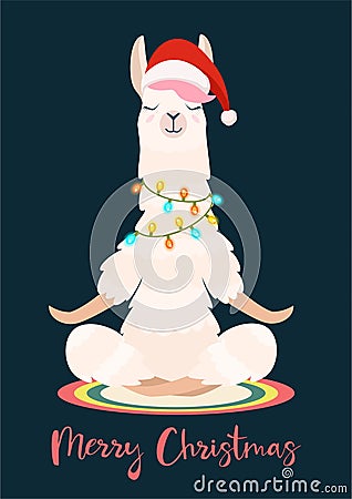 Christmas yoga llama meditates. Vector illustration. Funny festive greeting card. Vector Illustration