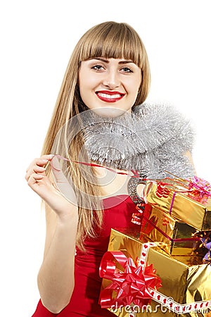 Christmas young woman holding golden gifts Stock Photo