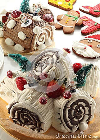 Christmas Yule Log Cake Stock Photo