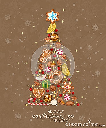 Christmas wishes. Cute Xmas card with colorful funny gingerbread on background with snowflakes. Vector greeting poster. Vector Illustration