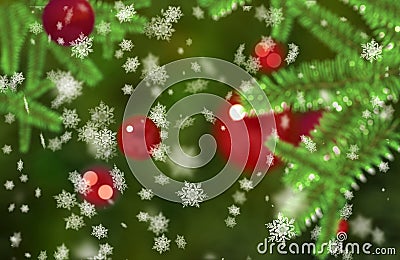 Christmass mood snowflakes falling on a green fir tree branches Bokeh background Stock Photo
