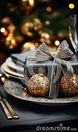 Christmass and New Year party table setting with winter holiday decorations Stock Photo