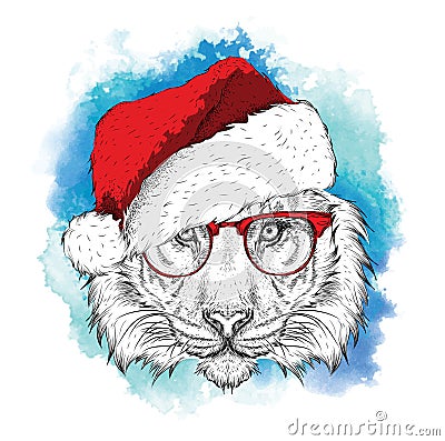 The christmass poster with thetiger portrait in hip-hop hat. Vector illustration. Abstract Background with Watercolor Stains Vector Illustration