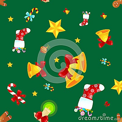 Christmass seamless pattern gingerbread man cookies, jingle bells stocking gifts, xmas background decoration elements Vector Illustration