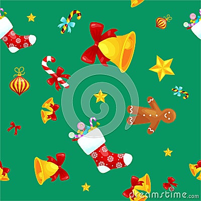 Christmass seamless pattern gingerbread man cookies, jingle bells stocking gifts, xmas background decoration elements Vector Illustration