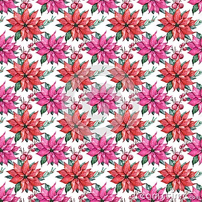 Christmass Seamless Pattern, POinsettia Flower Watercolor Pattern, Christmas Floral Pattern Stock Photo