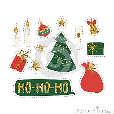Christmass set of stickers with glitter candle, gift box and bell Vector Illustration