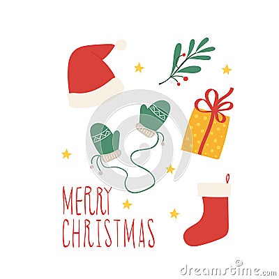 Christmass set of stickers. Santa hat, mitten and socks Vector Illustration